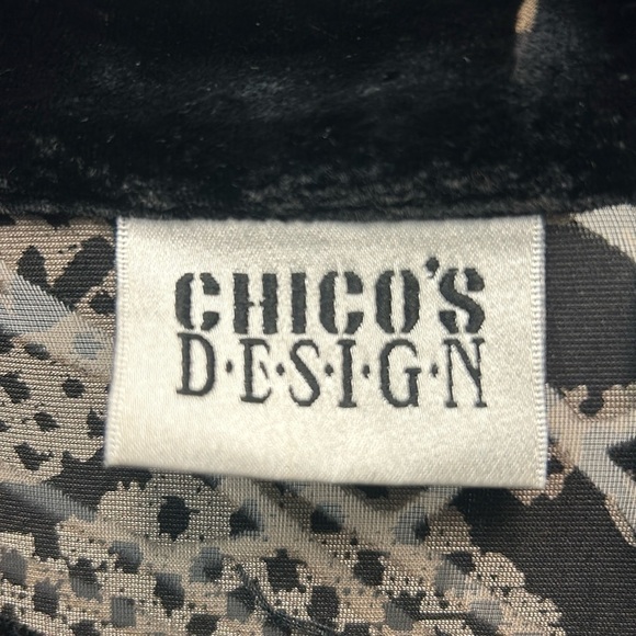 Chico’s Design Black Velvet Silk Blend Burnout Floral Mandarin Collar Tu… - Picture 2 of 9